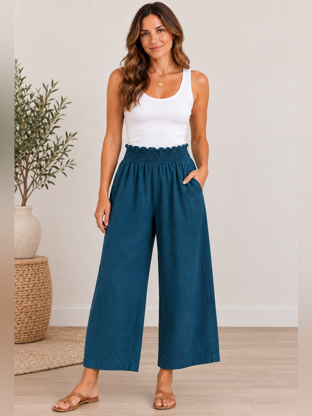 House of Harlow 1960 Smocked Waist Wide Leg Linen Pants Small